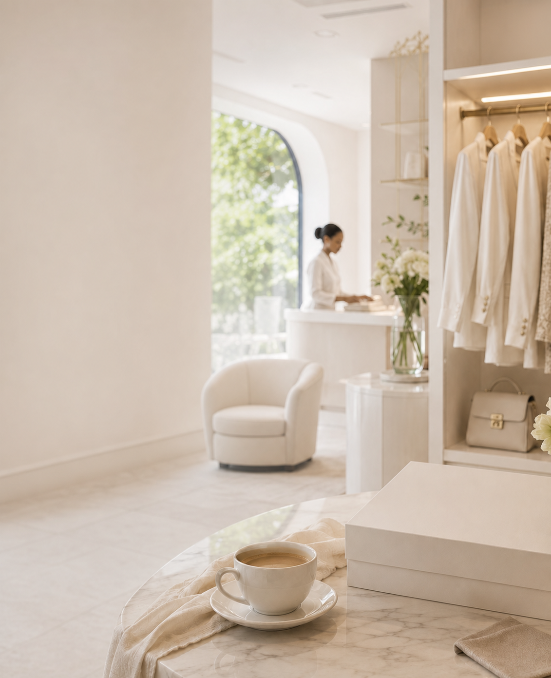 A serene luxury wardrobe studio prepared for a guest